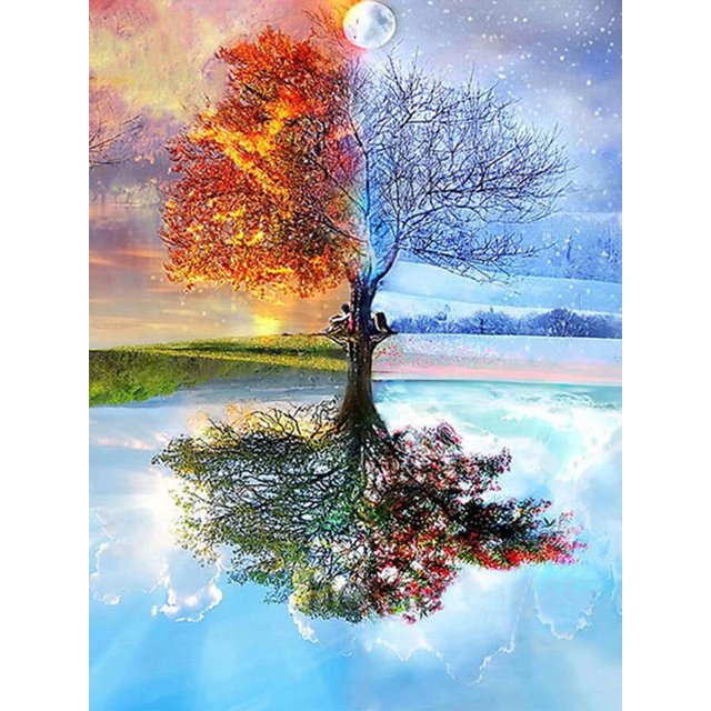 Paysage Arbre Mosaïque Broderie Faite à la Main Forêt Perçage Rond Complet Décoration Maison, 30*40cm, Cadre Non Inclus., 2732