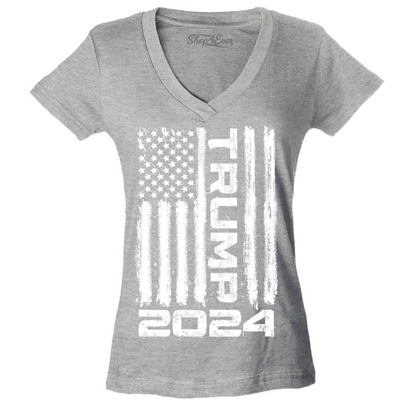 Shop4Ever Women's Trump Flag 2024 Slim Fit V-Neck T-Shirt X-Small Sports Grey