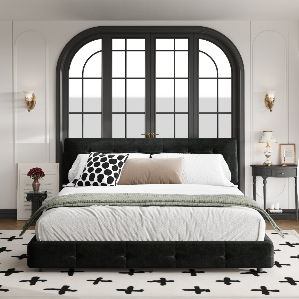 King Size Bed Frame for Bedroom, Platform Bed Frame with Tufted Headboard, Metal and Wooden Slats Double Support, Ultra-Soft Cloud Pillow Design, Noise-Free, Black