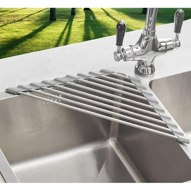 Estante de secado de platos enrollable de triángulo pequeño con marco de acero inoxidable con revestimiento de silicona para esquinas de fregadero, cocina multiusos sobre el fregadero