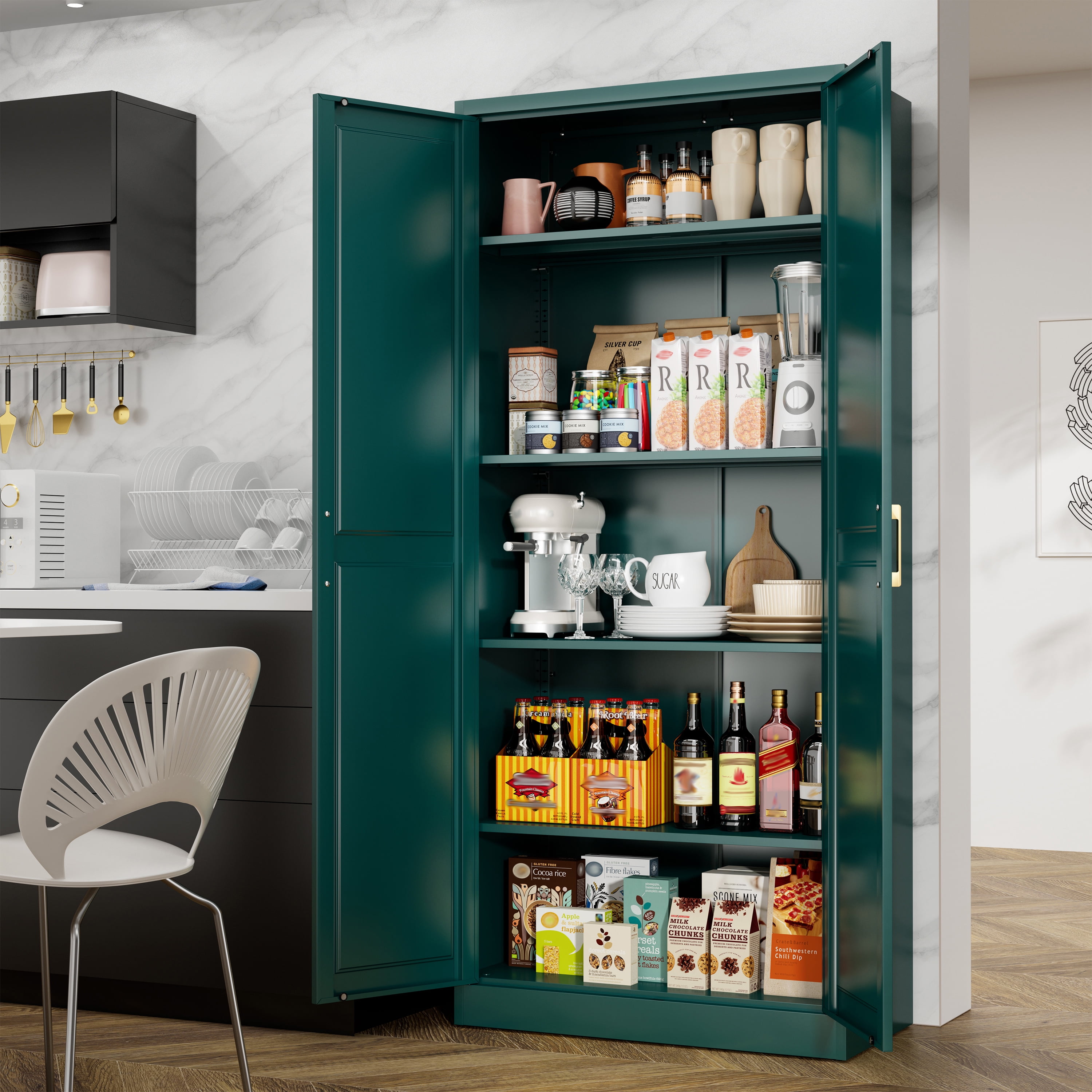 Polup 71" Height Metal Green Storage Cabinet, Modern Tall Steel Pantry Cupboard with 2 Doors and Adjustable Shelves for Kitchen Garage and Home