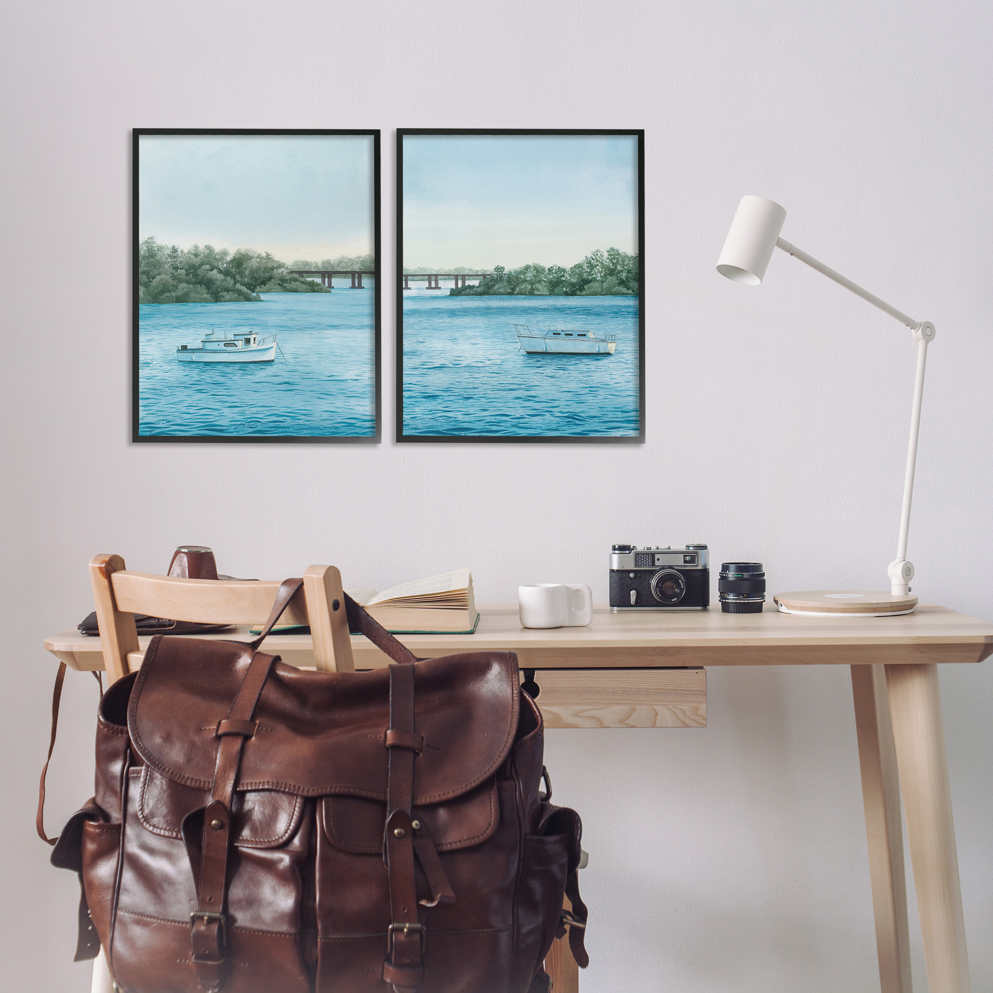 Stupell Industries Serene Summer Boats Landscape Painting Black Framed Art Print Wall Art, 16 x 20, Set of 2