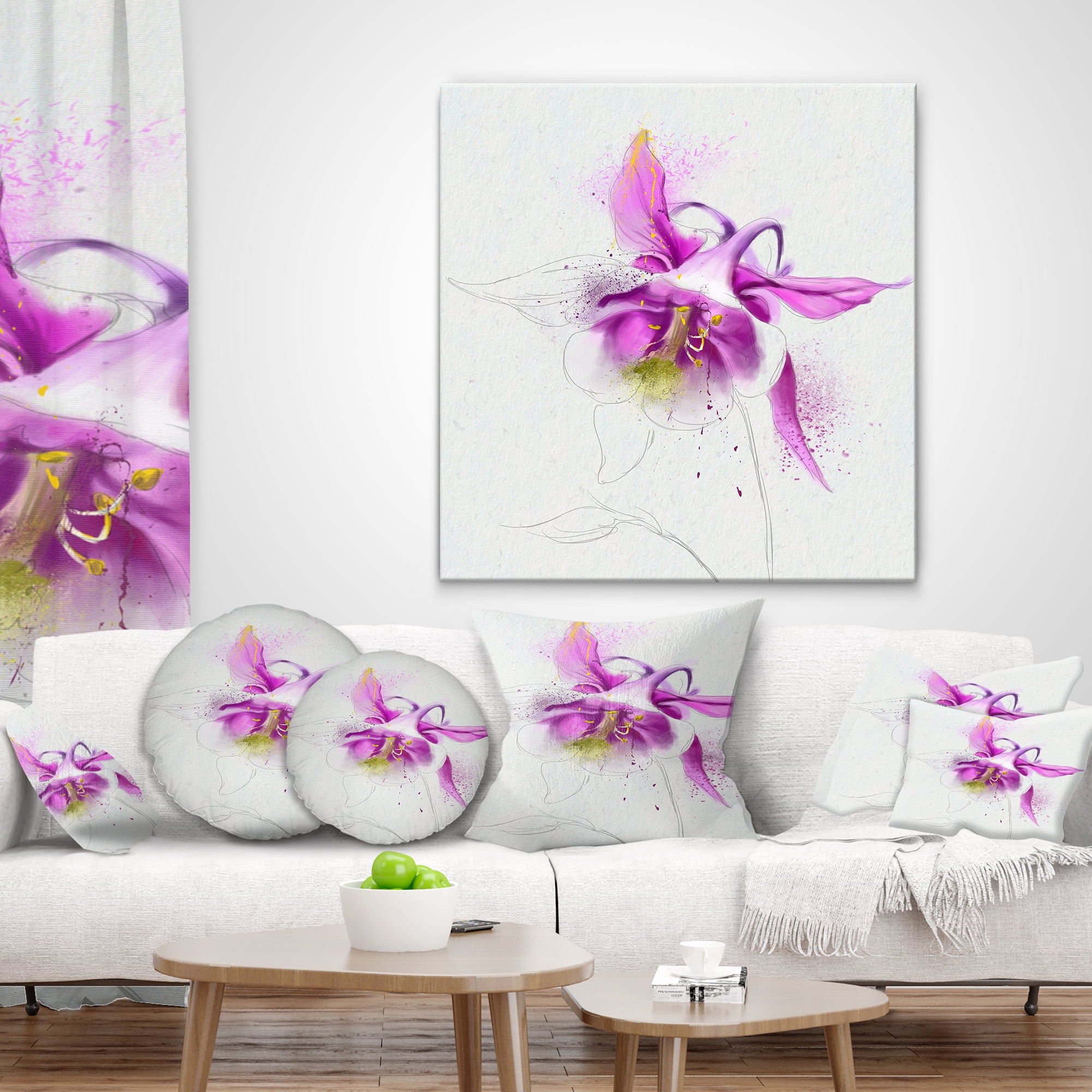 Designart Purple Aquilegia Watercolor Sketch - Floral Throw Pillow - 12x20