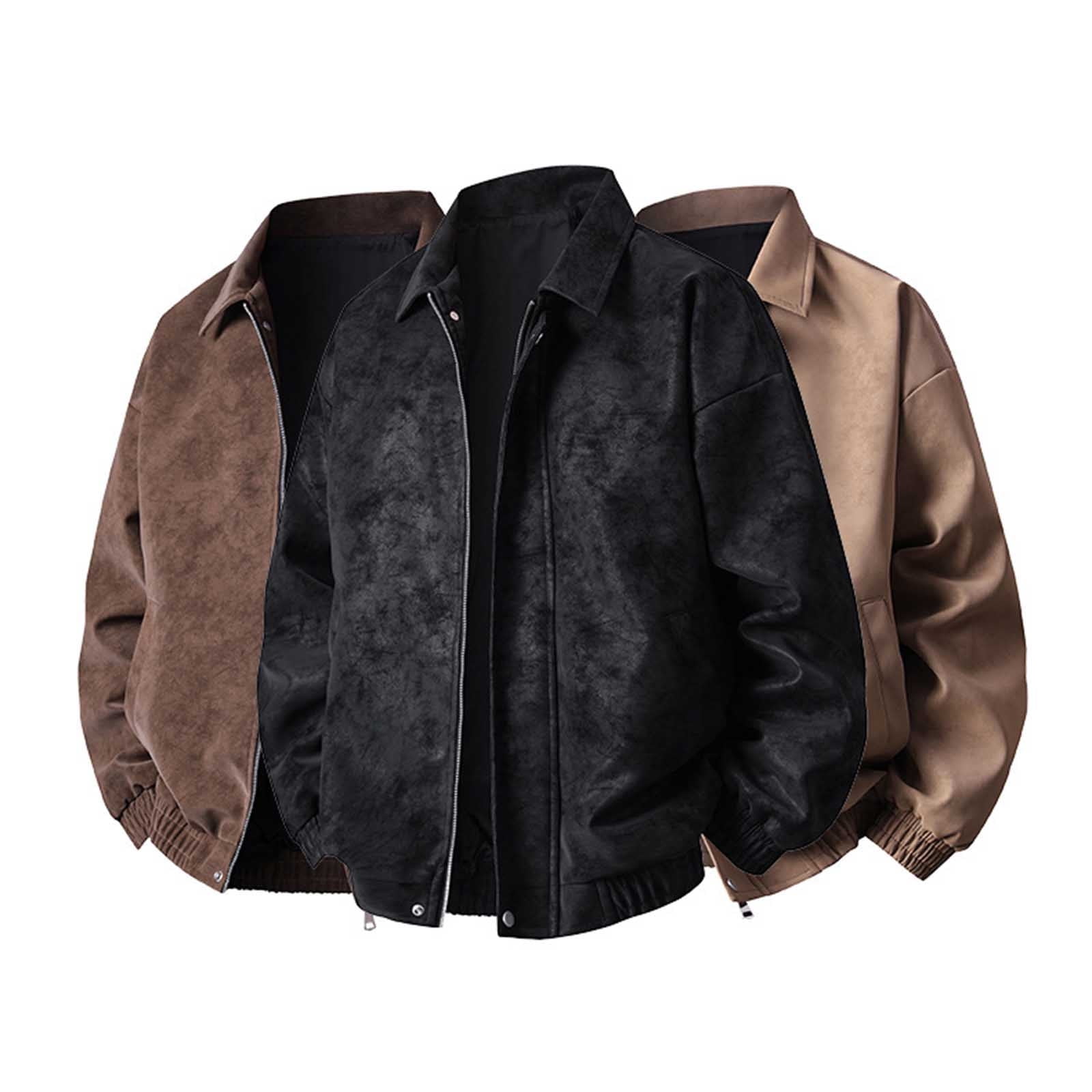 Kakii Men's Suede Bomber Jacket Oversized Retro Streetwear Zip Up Faux Leather Coat with Turn Down Collar