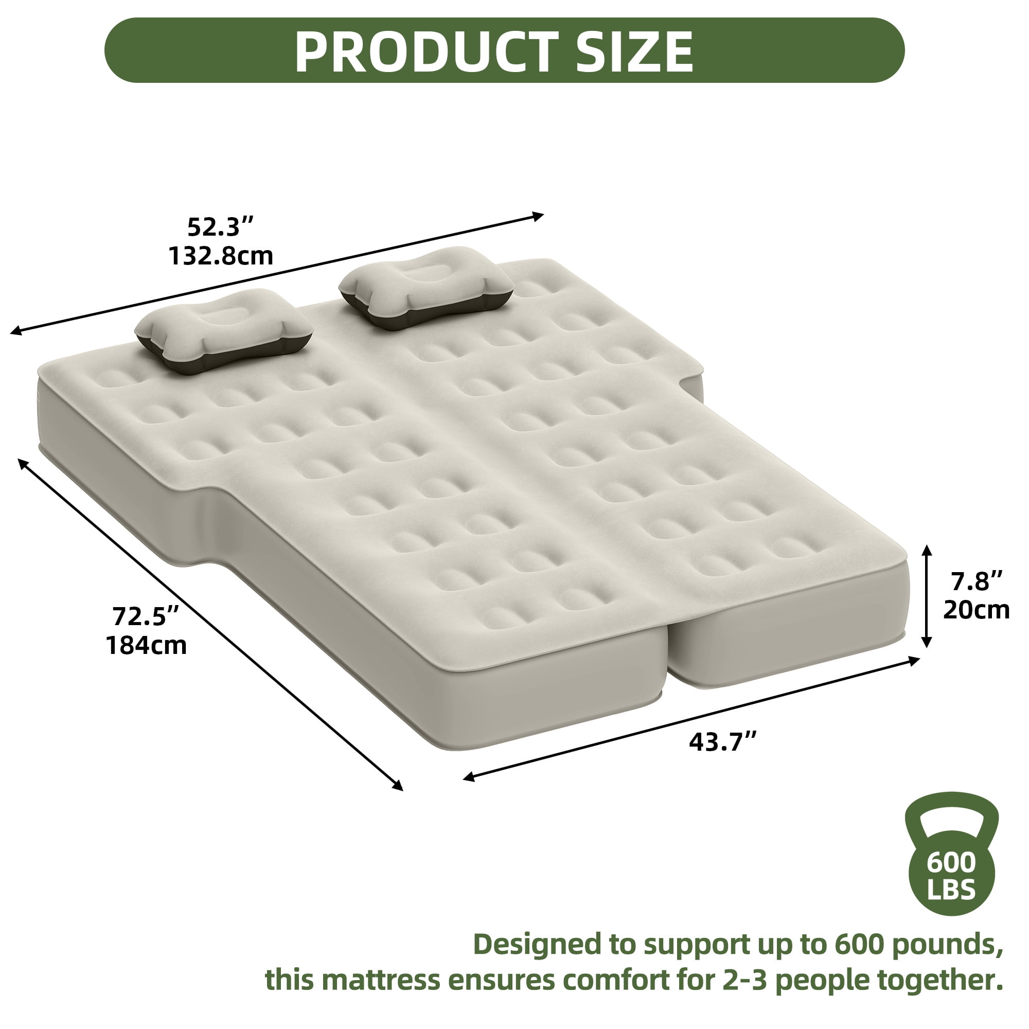 Uforic Inflatable Car Air Mattress with Pump, Portable SUV Air Bed with Pillows for Camping, Home, Travel, Gray