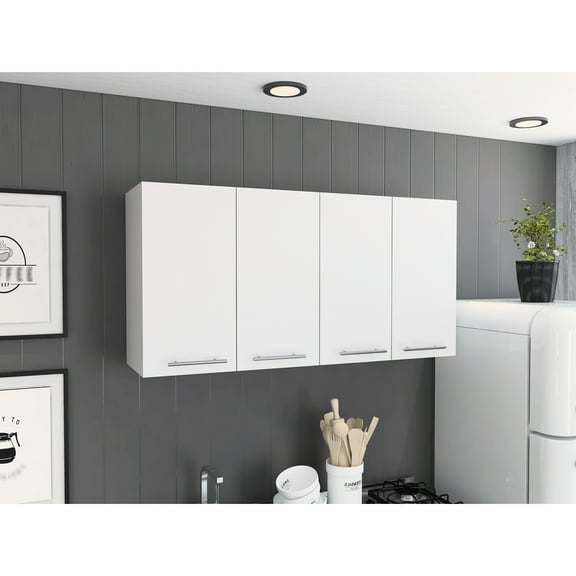 Modern White Wall Cabinet With Two Shelves And Four Doors - Kitchen Storage Mounted, Cabinets
