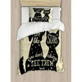 thumbnail image 3 of Inspirational Duvet Cover Set Queen Size, Cat and Dog Silhouettes with Friendship Themed Phrase ans Stars Grungy Display, Decorative 3 Piece Bedding Set with 2 Pillow Shams, Black Tan, by Ambesonne, 3 of 3