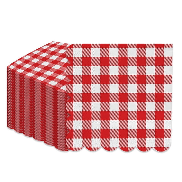 BINGLI 25 Pcs Serviettes à Bord Festonné Rouges et Blanches 6,5 Po Décoration en Papier à Carreaux Rouges Fournitures de Fête Serviettes à Dessert à Carreaux Rouges Légers pour Garçons Mariage Anniversaire Shower de Bébé Pique-Nique Souvenir de Fête