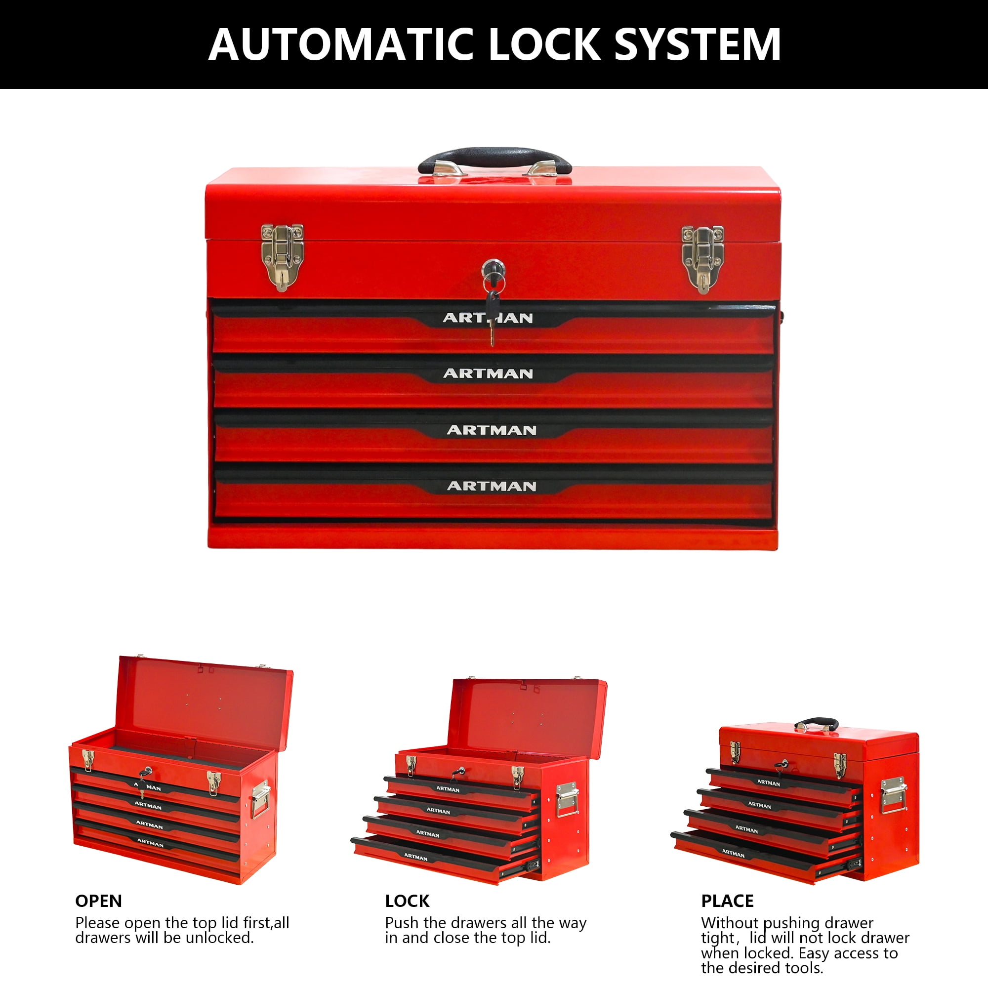 20" Steel Tool Box with Drawers, Lockable Powder-coated Storage
