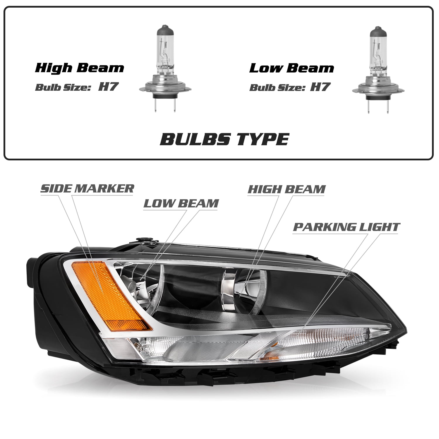 For 2011-2018 Volkswagen Jetta Halogen Model Headlights Headlamp Right/Passenger