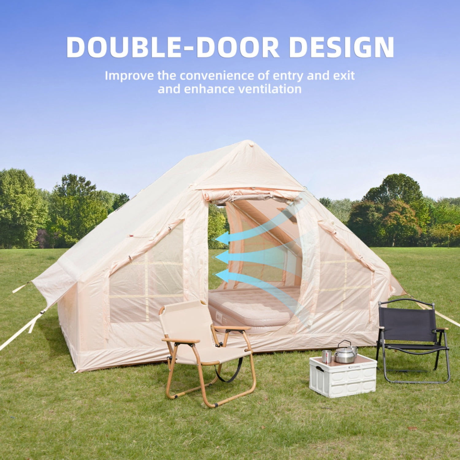 Inflatable Camping Tents with Hand Pump, Air Glamping Tents, Easy Setup Waterproof and Windproof Blow up Tent, 4 Seasons Oxford Cabin Tent with Mesh & Chimney Window.