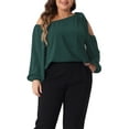 thumbnail image 1 of Blusas de manga larga con hombros al aire y lazo para mujeres de tallas grandes GRACE & GRANDEUR, camiseta casual 3X en verde oscuro, 1 of 6