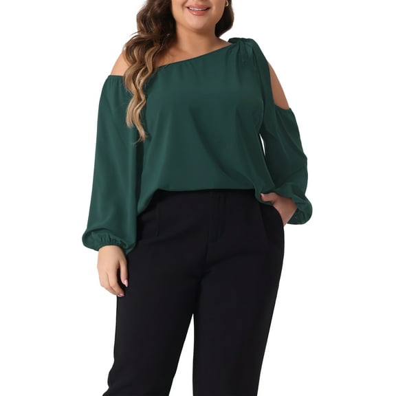Agnes Orinda Women's Plus Size Cold Shoulder Tie Long Sleeve Blouses Casual T-Shirt Tee Tops 1X Dark Green