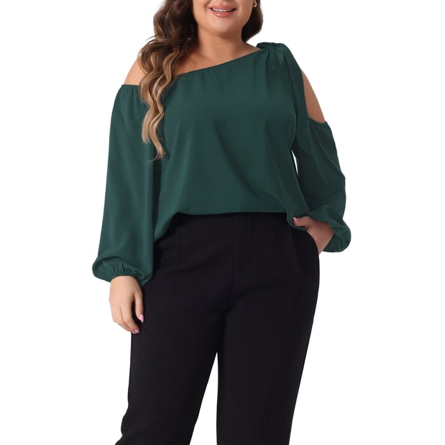 Blusas de manga larga con hombros al aire y lazo para mujeres de tallas grandes GRACE & GRANDEUR, camiseta casual 3X en verde oscuro