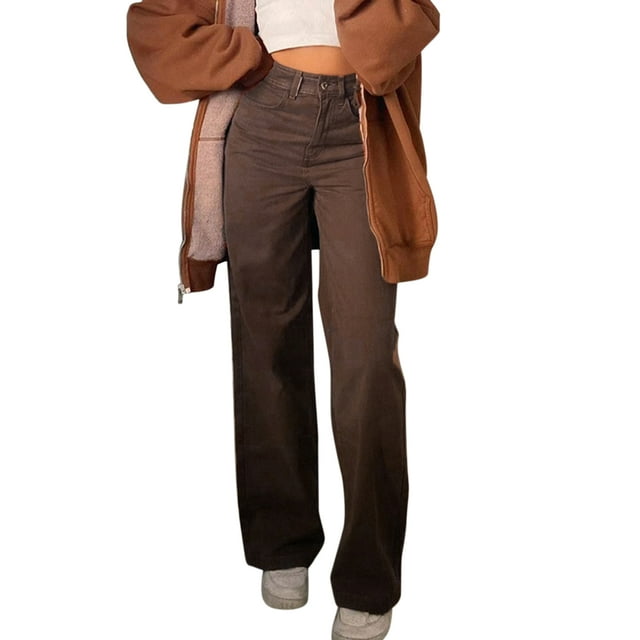 goowrom Female Jeans, Solid Color High Waist Trousers Close-Fitting Pants