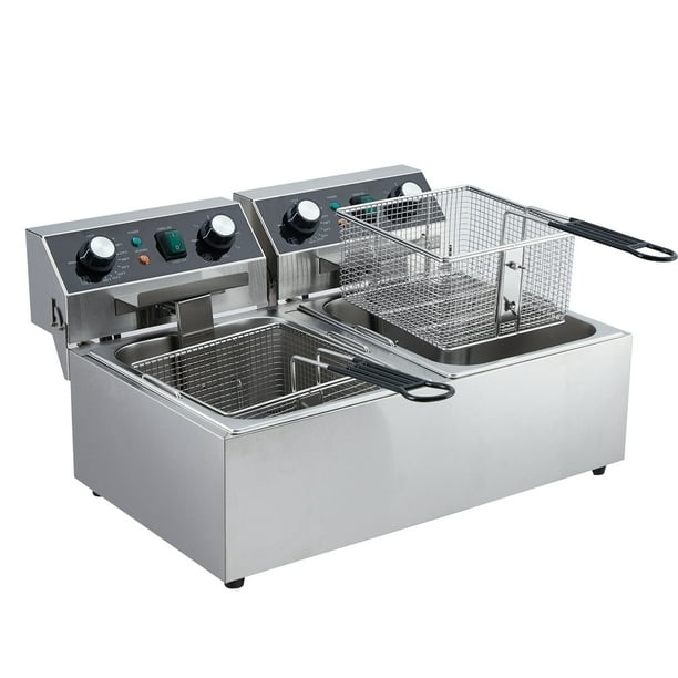 Freidora eléctrica comercial de 6/10/12 litros de doble tanque con cesta y tapa, freidora de acero inoxidable de sobremesa para papas fritas y aros de cebolla