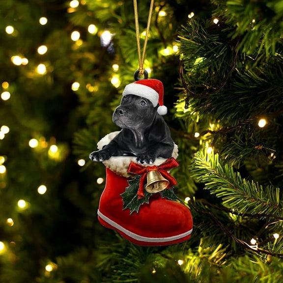 Acrylic 2D FLAT Black Pitbull In Santa Boot Christmas Hanging Ornament