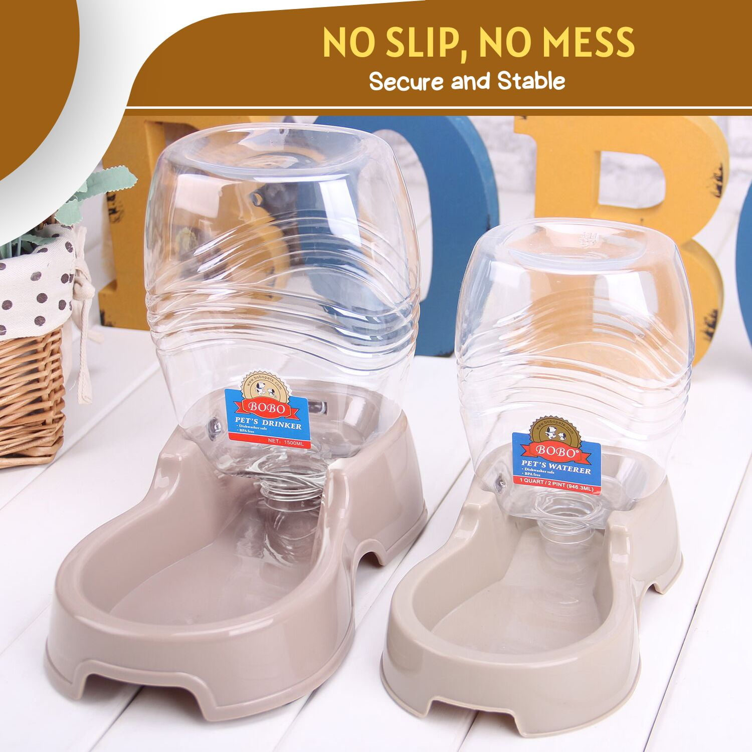 Automatic Gravity Pet Waterer for Cat & Dog - Non-Skid & Easy-Clean Auto Replenish Water Dispenser Drinking Bowl (3/8 Gallon / 1.5L), Beige