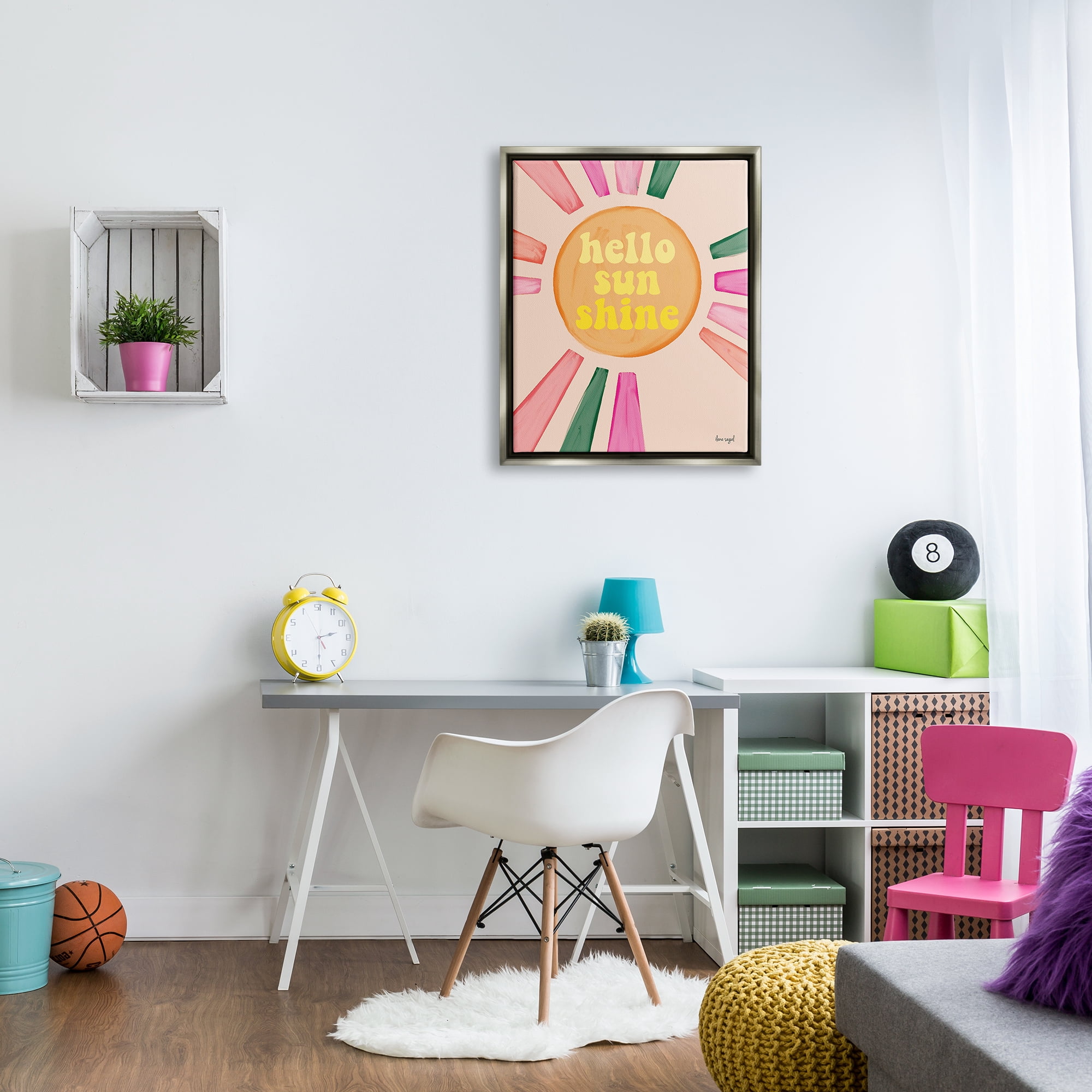 Stupell Industries Hello Sunshine Groovy Text Pink Green Sun Rays Graphic Art Luster Gray Floating Framed Canvas Print Wall Art, Design by Ilene Segal