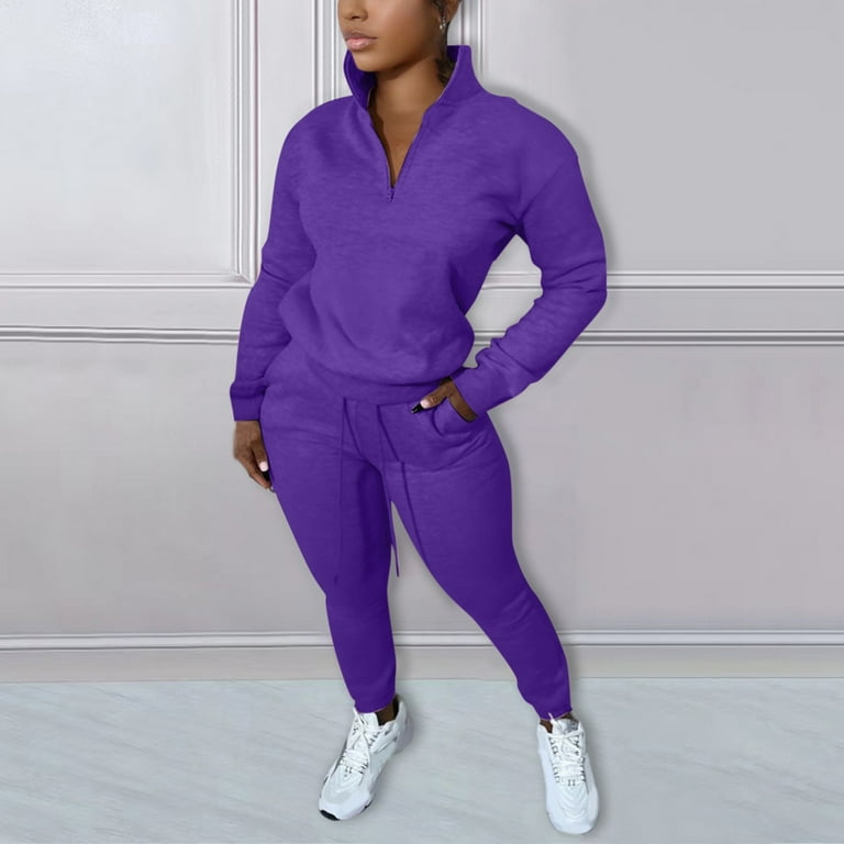 Fall Outfits for Women Drop Shoulder Color Block Crew Neck Activewear Sporty Casual High Rise Long Trousers Tracksuit for Women with Pocket Purple 2XL Walmart