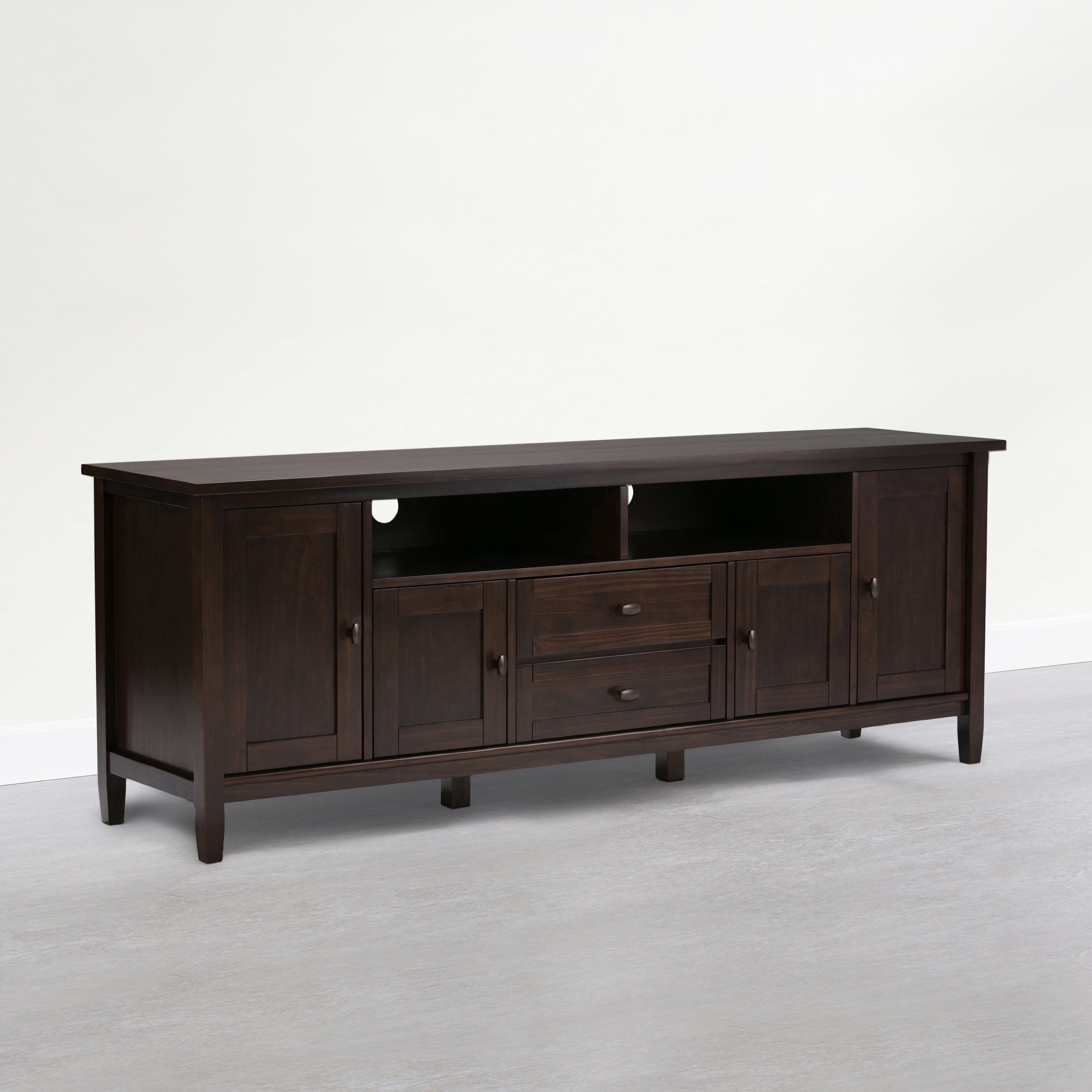 Simpli Home Warm Shaker 72 inch Wide Solid Wood TV Stand, Mocha Brown