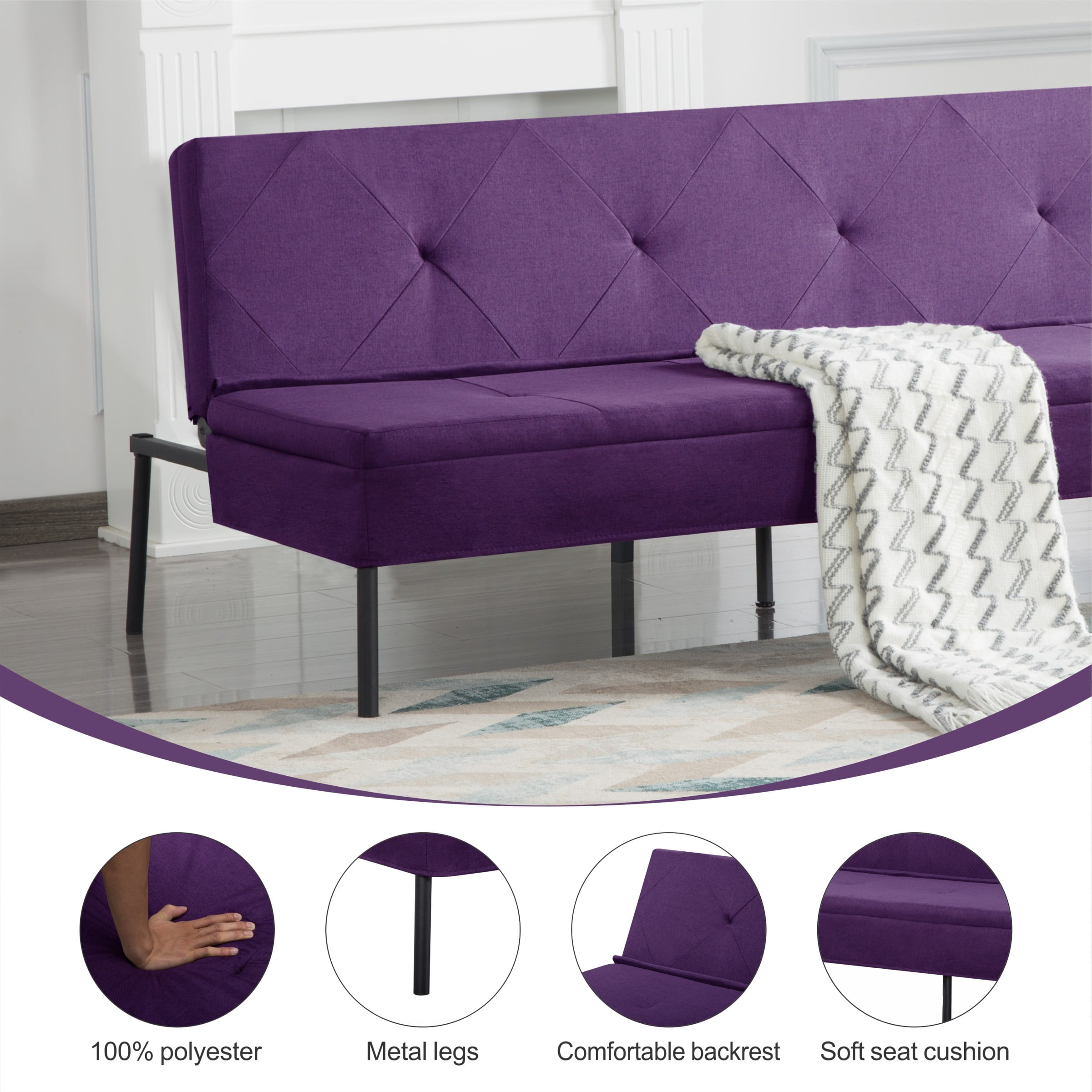 BSHTI 63.39" Futon Sofa Bed with 5 Adjustable Positions – Polyester Fabric Convertible Sleeper Couch with Iron Frame, Clean-Lined Modern Design for Living Room, Apartment, Office, Dormitory, Purple