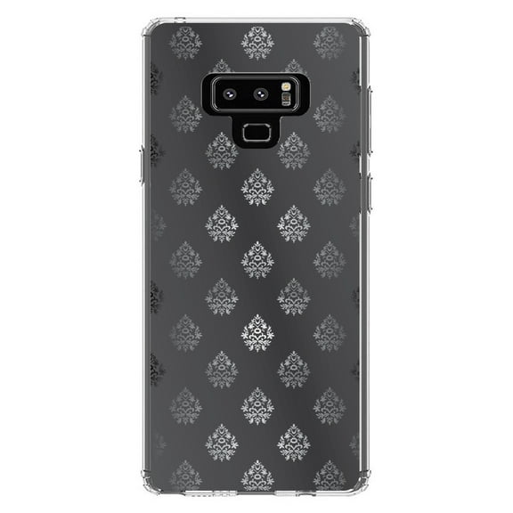 DistinctInk Clear Shockproof Hybrid Case for Samsung Galaxy Note 9 - TPU Bumper, Acrylic Back, Tempered Glass Screen Protector - Silver Grey Black White Damask - Floral Damask Pattern