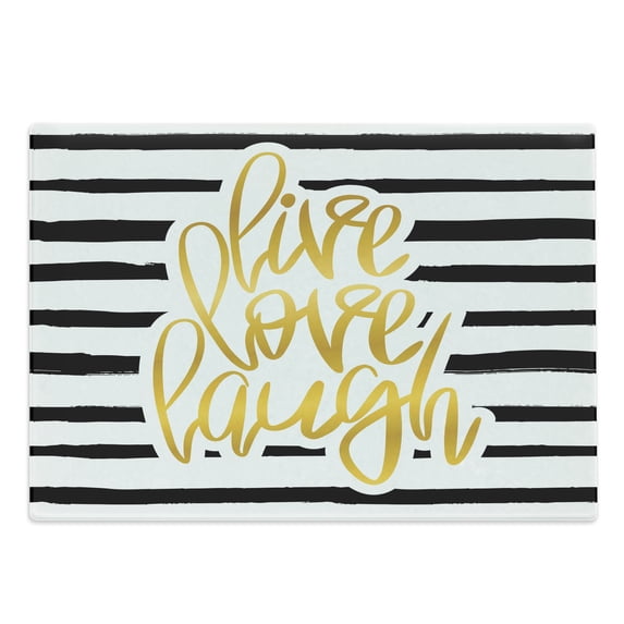 Live Laugh Love Cutting Board, Romantic Design Hand Drawn Stripes and Calligraphic Text, Decorative Tempered Glass Cutting and Serving Board, Large Size, Black White Earth Yellow, by Ambesonne