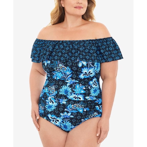 Swim Solutions Women's Ruffled Off The Shoulder Tummy Control One Piece Swimsuit Blue Size 24W