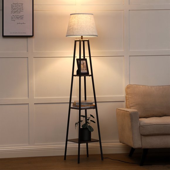DEWENWILS 65 inch Modern Floor Lamp with Shelves for Living Room, Wooden Display Shelf Floor Lamp for Office, Bedroom,Black