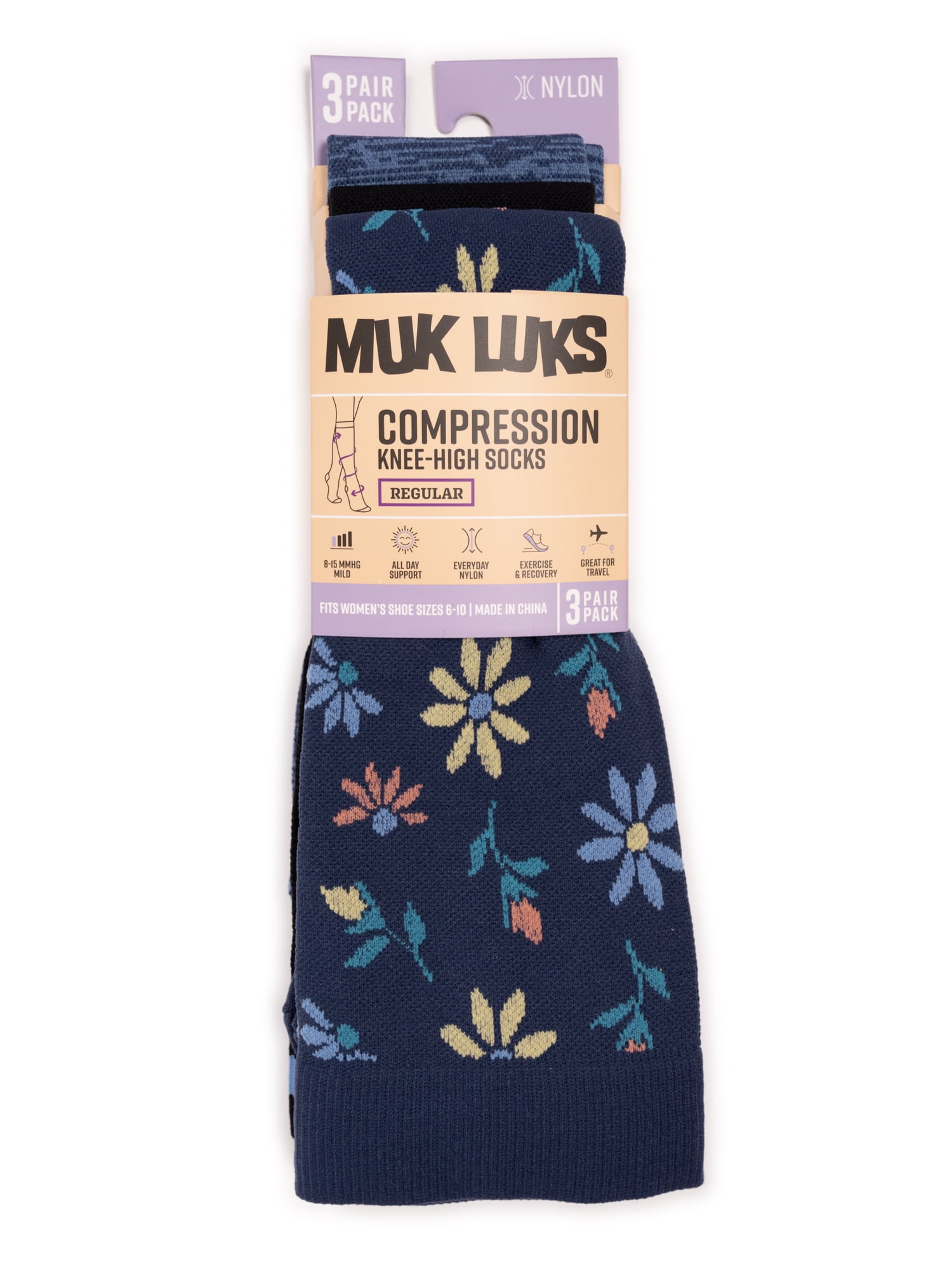 MUK LUKS Women's Wide Width Compression Nylon Knee-High Socks, 3-Pack, Shoe Size 6-10