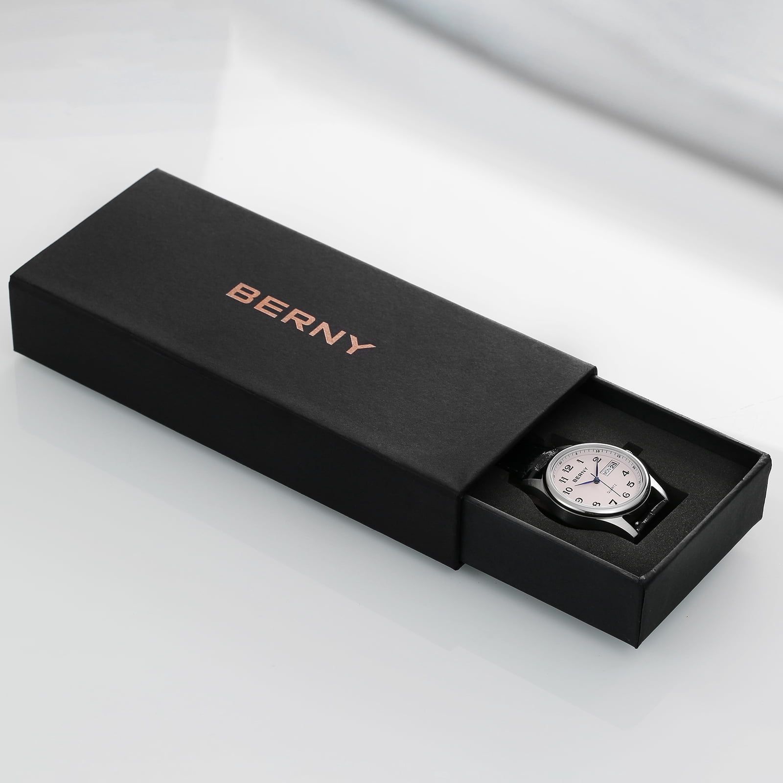 BERNY Quartz Watch for Women Classic Arabic Numerals Easy to Read Dress Womens Wrist Watch with Leather Strap, 3ATM Waterproof Day & Date Calendar Gift watch -Light Blue Dial