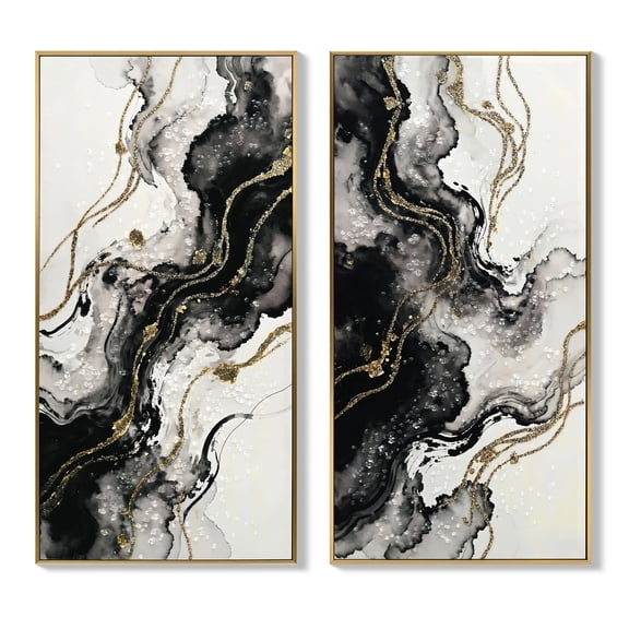 Euroco Modern Minimalist Abstract Wall Art Set of 2, Large Framed Canvas Prints Paintings Wall Decor, Black Gold Pictures for Hallway Office,20x40In