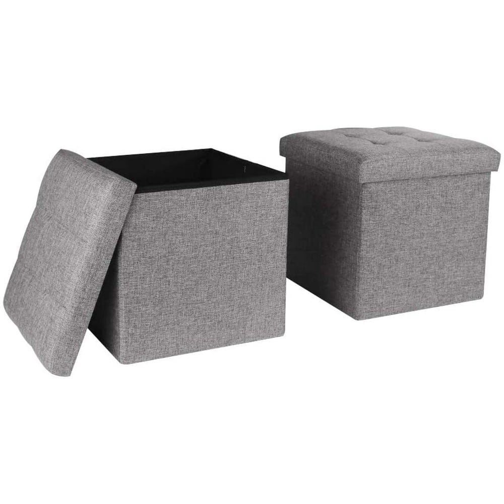 TOUCHRICH Folding Cube Storage Ottoman with Padded Seat Linen Fabric Footrest Memory Foam 15” x