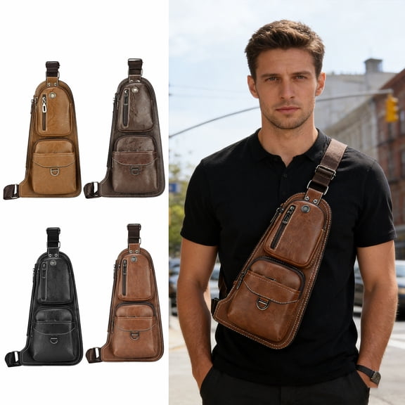 Mens Faux Leather Sling Bag Crossbody Chest Bag, Business Casual Shoulder Bag, Travel Work Daily Use, Adjustable Strap, Multi Pocket, Brown Black Khaki