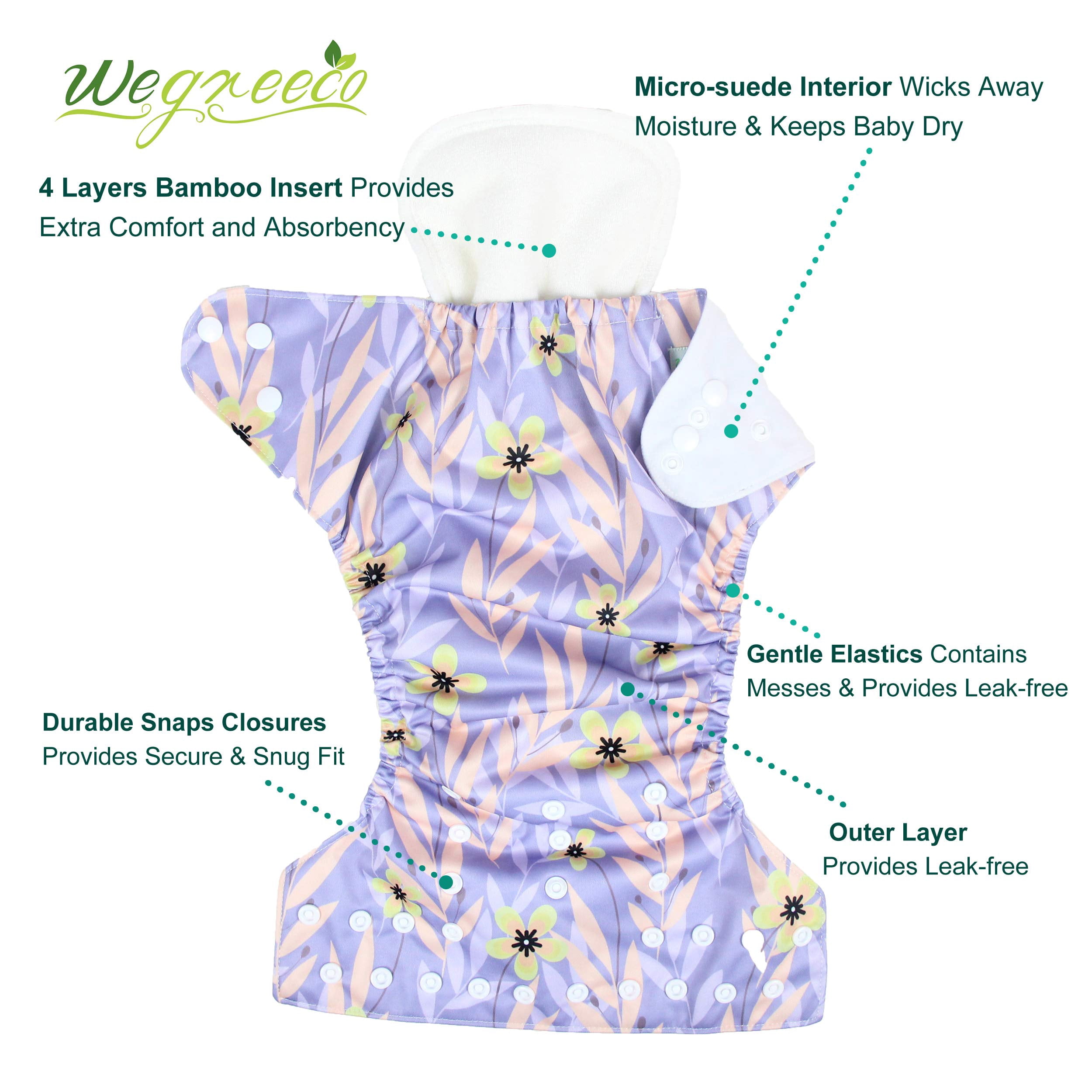 Wegreeco Washable Reusable Baby Cloth Pocket Diapers 6 Pack + 6 Bamboo Inserts (with 1 Wet Bag, Leaves, Animals)