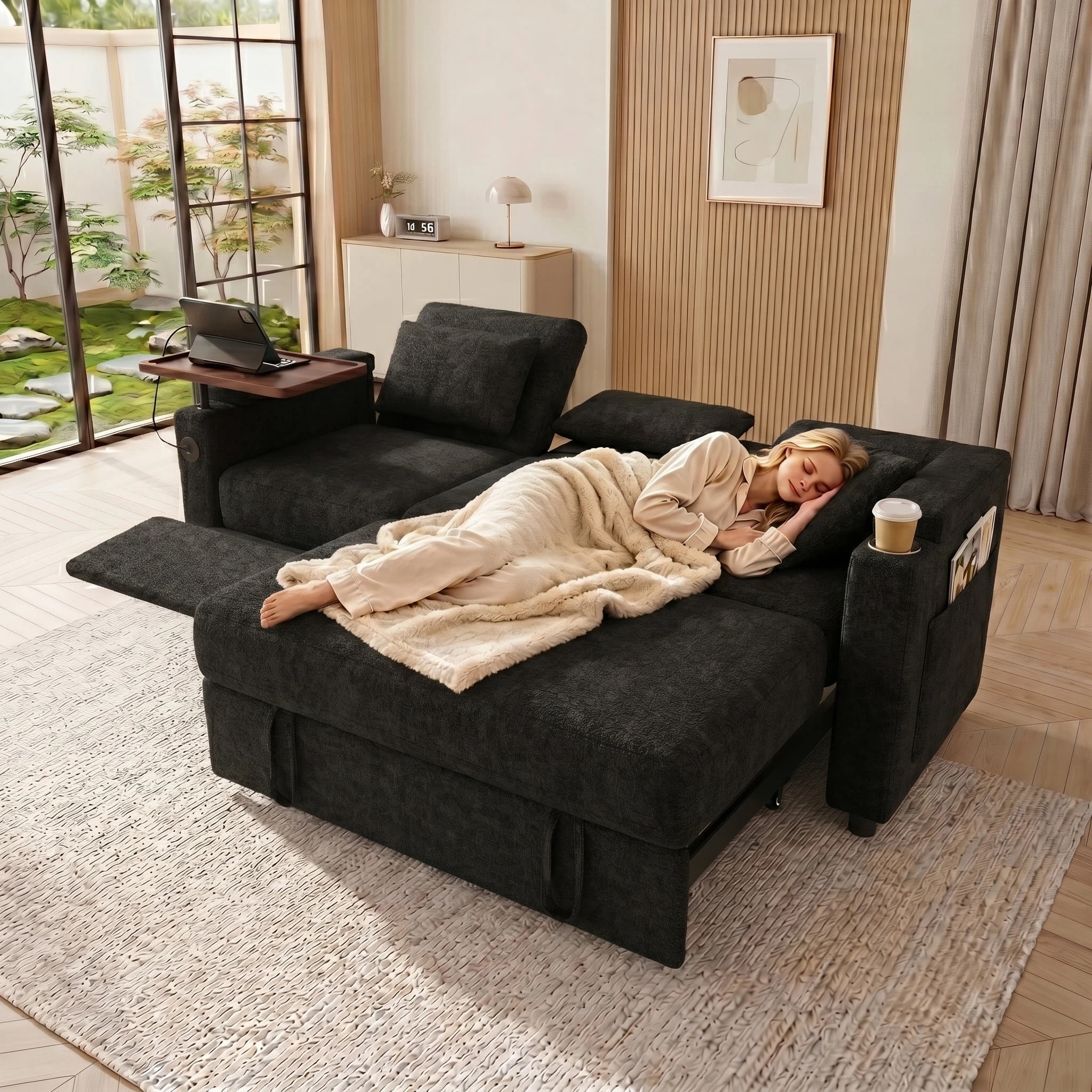 AISWORD 83" 3-in-1 Convertible Pull Out Sofa Bed, 6 Position Adjustable Sleeper Couch with USB Ports, Laptop Table, Cup Holders & Side Storage Pockets, Black