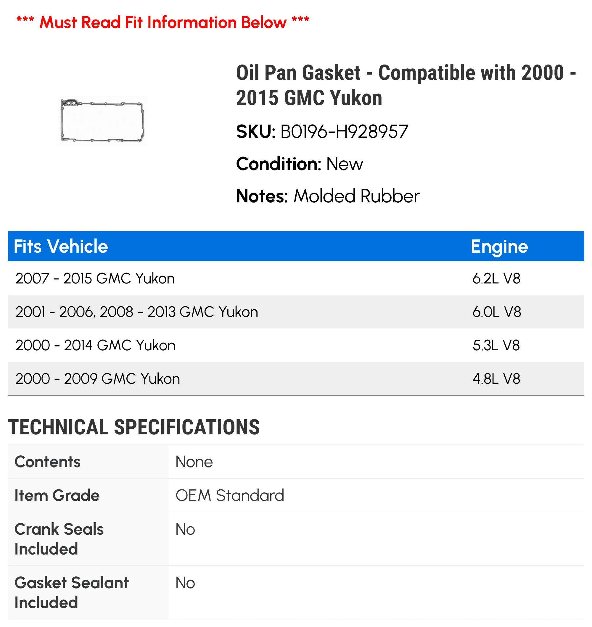 Oil Pan Gasket - Compatible with 2000 - 2015 GMC Yukon 2001 2002 2003 2004 2005 2006 2007 2008 2009 2010 2011 2012 2013 2014