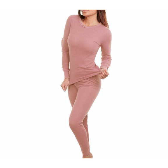Women's Cotton Waffle Knit Thermal Underwear Stretch Shirt & Pants 2pc Set (2XL, Pink)