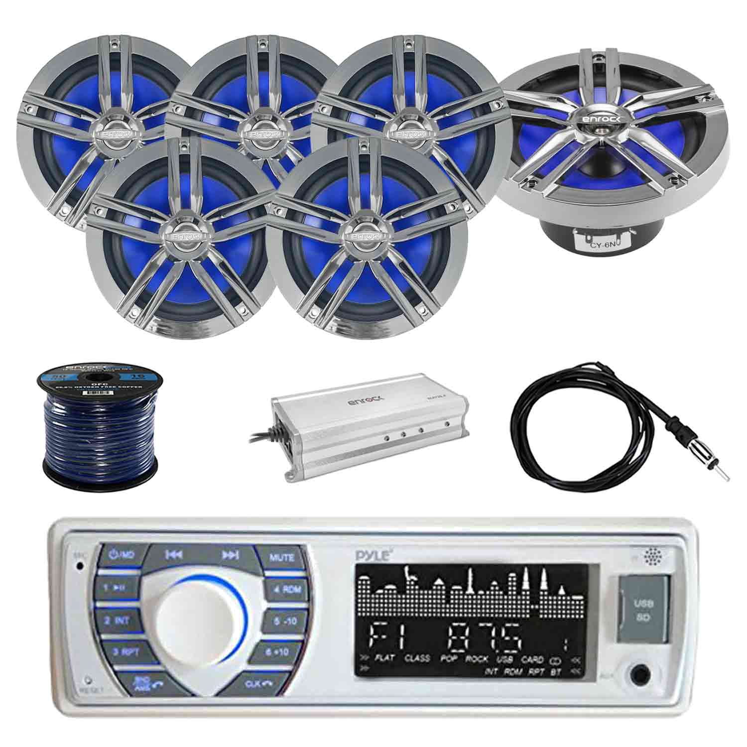 Pyle Bluetooth Marine Receiver Stereo with Enrock Marine 2Way 180W 6.5