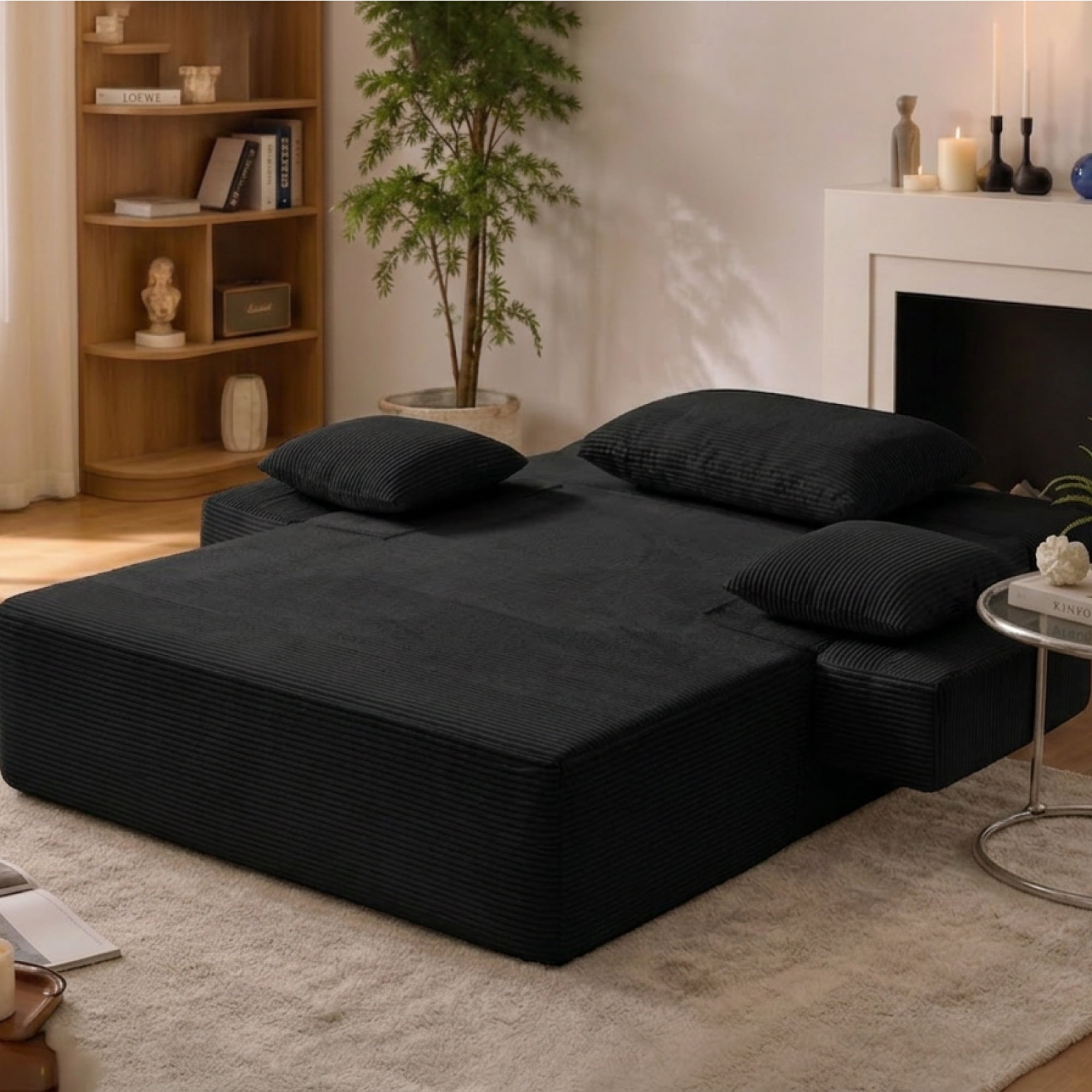 Leumius 70.8'' Oversized Chaise Lounge Chair Indoor,Plush Corduroy Upholstered Cloud Sofa Bed for Living Room,No Assembly Required,Black