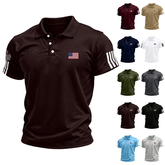 Evdexr Independence Day Polo Shirts for Men 1776 2026 Button Down T Shirts Patriotic Short Sleeve Usa Flag Shirt 4th Of July Lapel Golf Shirts Coffee XL