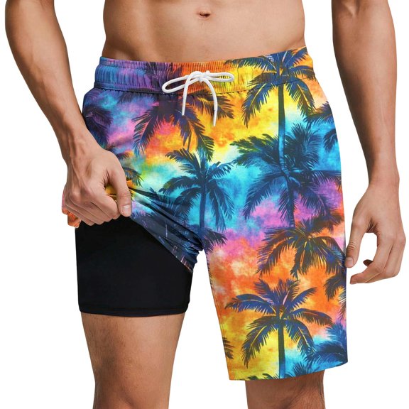Lopecy-Sta Mens Swim Trunks with Compression Liner Drawstring Elastic Waist Shorts with Pocket Beach Shorts Loose Swim Trunks for Men