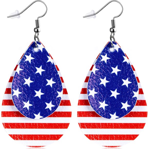 Woeilo 4th of July Patriotic Earrings for Women Memorial American Flag USA Dangle Leather Jewelry Day Independence Fourth of July Outfits Accessories