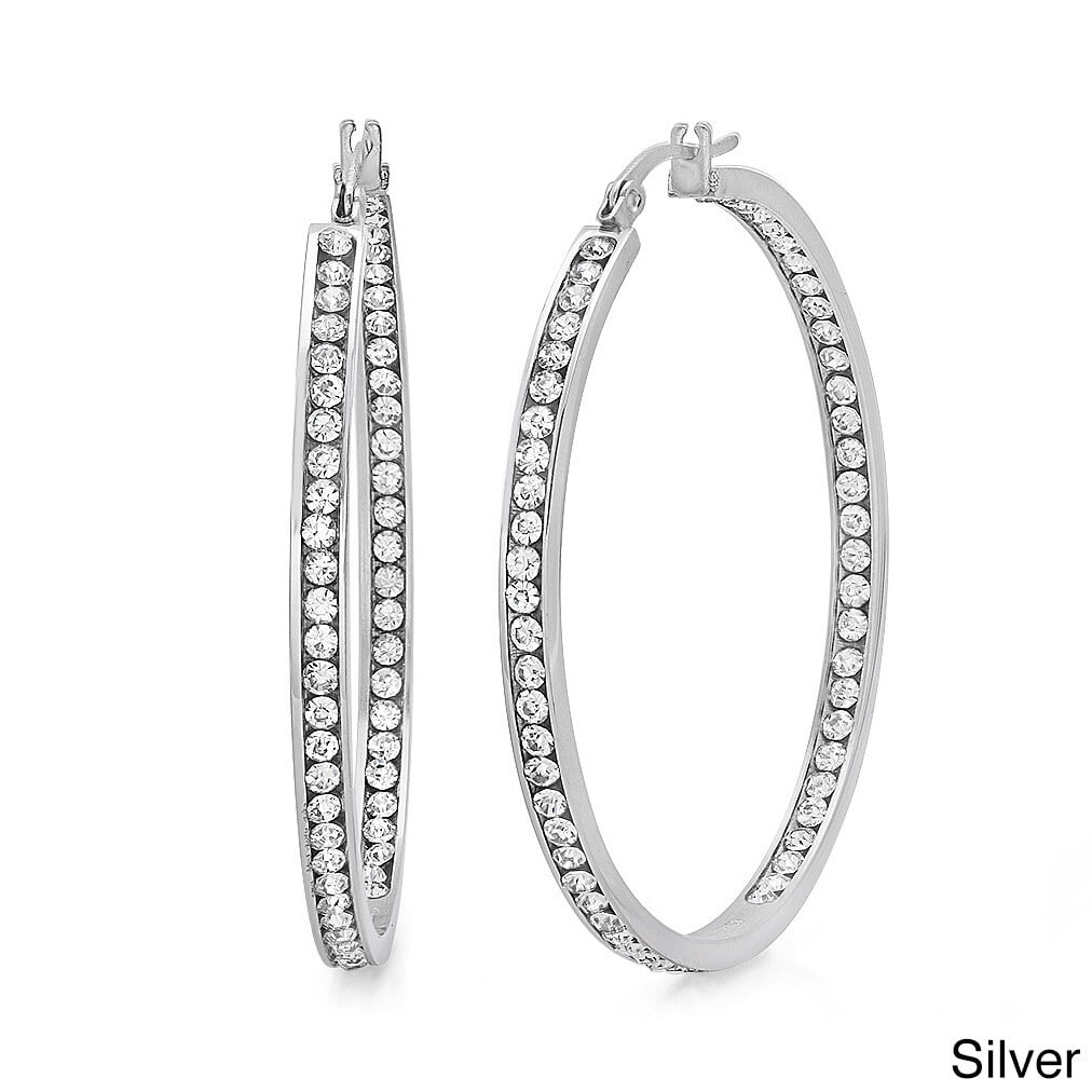 Steeltime Ladies 18K Rose Gold Plated Stainless Steel Hoop Earrings Adorned with Cubic Zirconia Diamonds
