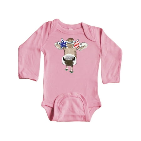 

Inktastic 4th of July Patriotic Cow in Shades Gift Baby Boy or Baby Girl Long Sleeve Bodysuit