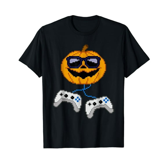 Halloween Jack O Lantern Pixelated Gaming Gamer Boys T-Shirt Black Tee