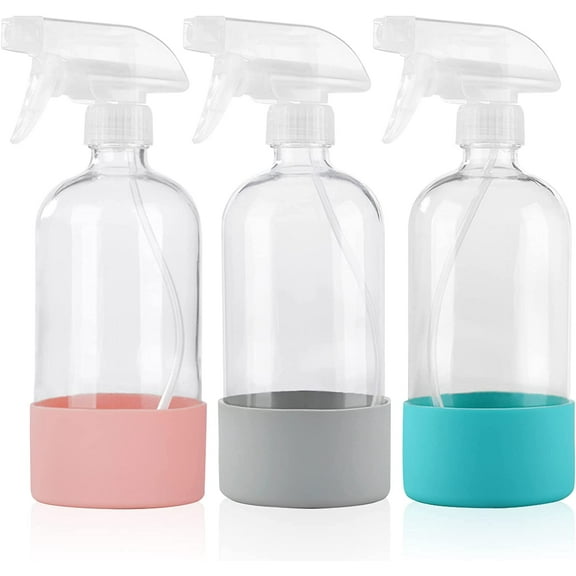Fymlhomi Empty Clear Glass Spray Bottles with Silicone Sleeve Protection, Refillable 16 oz Containers for Cleaning Solutions, and Misting with Adjustable Nozzle