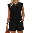 thumbnail image 4 of BOMYJESK Womens Sets Cap Sleeve Drawstring Shorts Outfits Trendy 2026 Comfy Matching Workout Sweatsuit with Pockets Black L, 4 of 6
