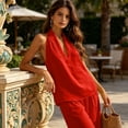 thumbnail image 6 of Cotton Linen Halter Tops for Women Flowy Sleeveless Loose Fitting Tank Top Beach Summer Casual Plain V Neck T Shirts Red M, 6 of 8